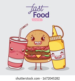 fast food cute burger mustard and takeaway cup soda cartoon vector illustration