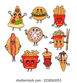 Fast food cute cartoon characters set. Big vector collection of french fries, burger, pizza, donut, wok, hot dog, chicken, coffee, ice cream isolated illustrations for delivery, menu, restaurant