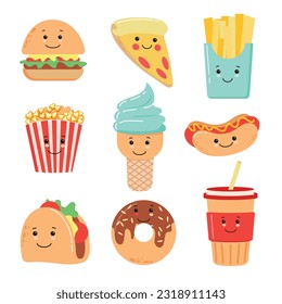 Comida rápida adorables personajes de dibujos animados. Colección vectorial de papas fritas, pizzas, donut, wok, hot dog, hamburguesa, café, helados ilustraciones aisladas para la entrega, menú, restaurante. Fondo blanco