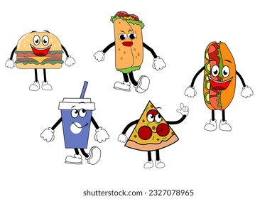 Fast food. cute Food characters set, hamburger, pizza, hotdog, kebab, Soda isolated on white background. Vector illustration