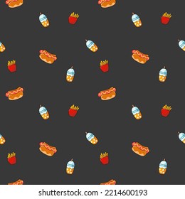 Fast food so cute.hot dog dink french fries black background.pattern seamless vector and illustration.