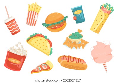 Fast food cute elements isolated set. Collection of fries, hamburger, cheeseburger, hot dog, burrito, nachos, popcorn, pizza, cotton candy and drink. Vector illustration in flat cartoon design