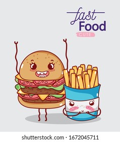 fast food cute french fries and burger cartoon vector illustration