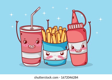 fast food cute french fries tomato sauce and plastic cup cartoon vector illustration