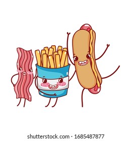 fast food cute french fries bacon and hot dog cartoon vector illustration