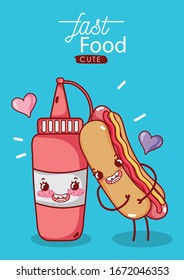 fast food cute hot dog and tomato sauce love hearts cartoon vector illustration