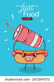 fast food cute hot dog and plastic cup with straw cartoon vector illustration