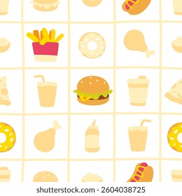 Fast food cute pattern. Seamless vector print with flat vector fast food. 