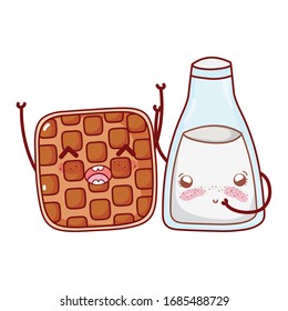 fast food cute waffle and milk bottle cartoon character vector illustration