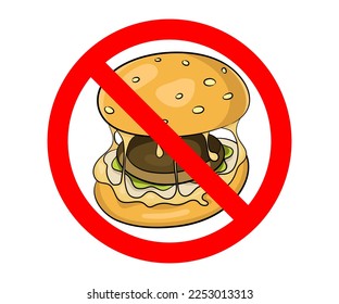 Fast food danger label. No Food Allowed Symbol. Diet vector illustration.