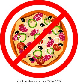 Fast food danger label. Vector illustration pizza, red prohibition sign, ban, promotion of a healthy diet
