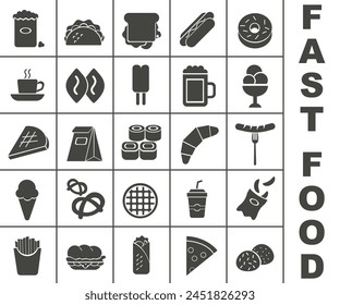 Fast food. Dark solid fast food icons. Fast food icons. EPS 10.