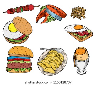 Fast food decorative colored sketch icons set isolated vector illustration