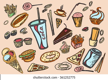 Fast food decorative colored sketch icons set . Vector illustration