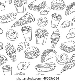 Fast Food Decorative Seamless Pattern. Hand Drawn Vector Fast Food Background In Line Art Style.