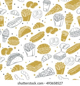 Fast Food decorative seamless pattern. Hand drawn vector Fast Food background.