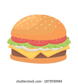 fast food, delicious hamburger with tomato cheese and onion icon isolated design vector illustration