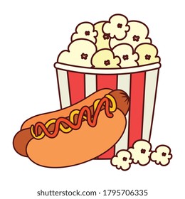 fast food delicious hot dog with popcorn, on white background vector illustration design