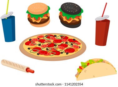 Fast food. Delicious tartilya, pizza, soda, sausage in the dough, burger. Isolated Vector Illustration