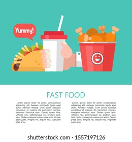 Fast food. Delicious food. Vector illustration in flat style. A set of popular fast food dishes. Hot dog, hamburger, tacos, sausage, pizza, fried chicken. Mustard and ketchup. Drink and milkshake.
