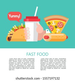 Fast food. Delicious food. Vector illustration in flat style. A set of popular fast food dishes. Hot dog, hamburger, tacos, sausage, pizza, fried chicken. Mustard and ketchup. Drink and milkshake.

