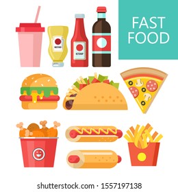 Fast food. Delicious food. Vector illustration in flat style. A set of popular fast food dishes. Hot dog, hamburger, tacos, sausage, pizza, fried chicken. Mustard and ketchup. Drink and milkshake.
