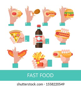 Fast food. Delicious food. Vector illustration in flat style. A set of popular fast food dishes. Hot dog, hamburger, tacos, sausage, pizza, fried chicken. Mustard and ketchup. Drink and milkshake.
