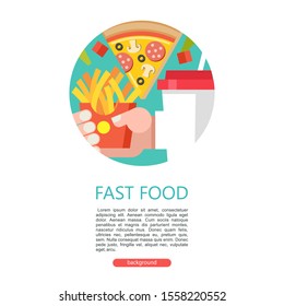 Fast food. Delicious food. Vector illustration in flat style. A set of popular fast food dishes. Hot dog, hamburger, tacos, sausage, pizza, fried chicken. Mustard and ketchup. Drink and milkshake.
