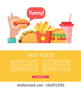 Fast food. Delicious food. Vector illustration in flat style. A set of popular fast food dishes. Hot dog, hamburger, tacos, sausage, pizza, fried chicken. Mustard and ketchup. Drink and milkshake.
