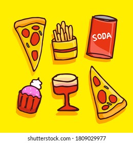Fast Food Delight in Outlines: Elevate your designs with this tempting set of thin outline fast food icons on a cheerful yellow background. Perfect for adding a dash of culinary charm to your creative