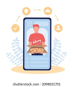Fast food delivery app flat concept vector illustration. Mobile application for pizeria. Professional courier service isolated 2D cartoon characters on white for web design. Shipment creative idea