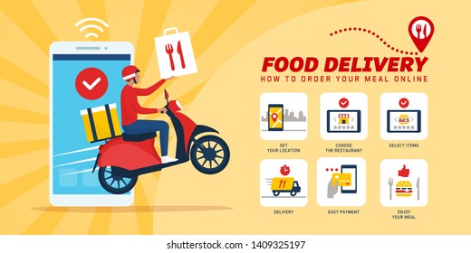 Fast food delivery app on a smartphone with delivery man on a scooter: how to order food online
