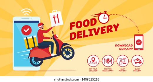 Fast food delivery app on a smartphone with delivery man on a scooter: how to order food online