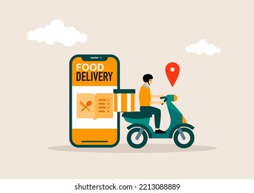 Fast food delivery app on a smartphone with delivery man on a scooter. Vector illustration concept.