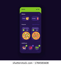 Fast food delivery app smartphone interface vector template. Mobile app page night theme design layout. Order constructor menu screen. Flat UI for application. Italian pizza on phone display