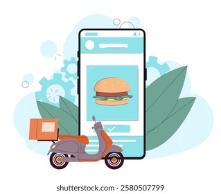 Fast food delivery application. Scooter with box near smartphone with hamburger. Takeaway eating. Online shopping, electronic commerce and home delivery. Flat vector illustration