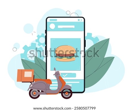 Fast food delivery application. Scooter with box near smartphone with hamburger. Takeaway eating. Online shopping, electronic commerce and home delivery. Flat vector illustration