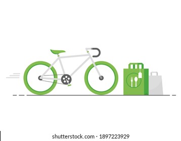 Fast food delivery bike. Courier with his vehicle. Contactless order. Eco friendly. Green. Flat design. Eps 10