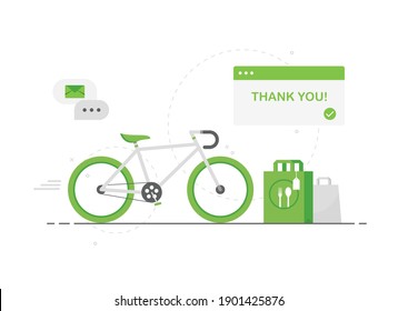 Fast food delivery bike. Courier with his vehicle. Contactless order. Eco friendly. Green. Flat design. Eps 10