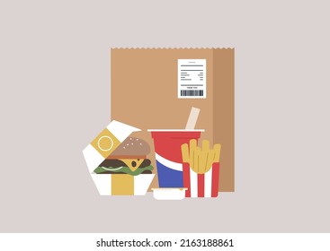 Fast food delivery, a burger, french fries, and soda 