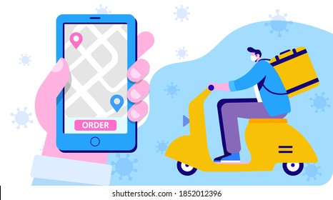 Fast food delivery by scooter through mobile phone. Coronavirus pandemic. Order packages through E-commerce app. Flat Vector illustration
