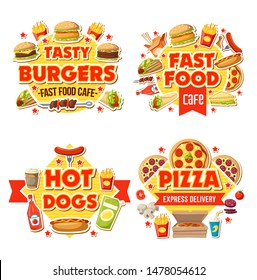 Fast food delivery, cafe and burgers bar menu. Vector fastfood express delivery of hamburger sandwich, pizza and soda drink or coffee, fries and hot dog with cheeseburger and ice cream milkshake