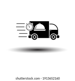 Fast Food Delivery Car Icon. Black on White Background With Shadow. Vector Illustration.