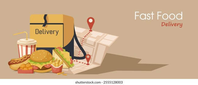 Fast food delivery concept with meal and delivery bag. Vector illustration