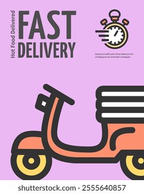 Fast Food Delivery Concept Vertical Placard Poster Banner Card Template with Moped or Scooter. Vector illustration