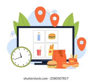 Fast food delivery. French fries, hamburger and hot dog near computer screen. Takeaway eating. Online shopping, electronic commerce and home delivery. Flat vector illustration