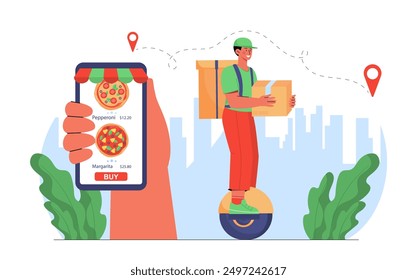 Fast food delivery. Hand with smartphone near courier. Online shopping and ecommerce, express delivery. Purchase of takewawy eating on internet. Retail and commerce. Flat vector illustration