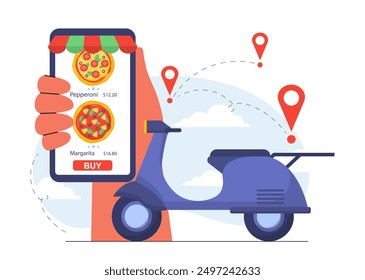 Fast food delivery. Hand with smartphone near scooter. Online shopping and ecommerce, express delivery. Purchase of takewawy eating on internet. Flat vector illustration isolated on white background