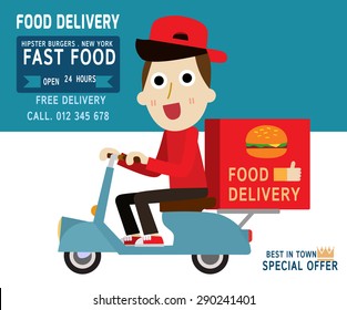 Fast food delivery.man hipster is riding  motorbike.
modern design flat character people. isolated white on blue background. graphic vector illustration. delivery business concept.