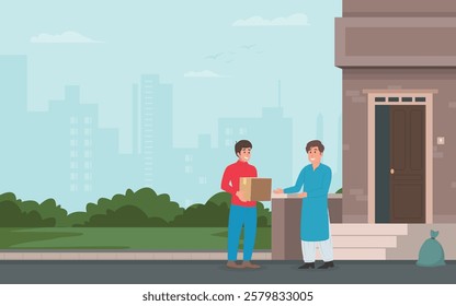 fast food delivery at home Pakistani man delivering a bag with a ready meal to a customer vector illustration